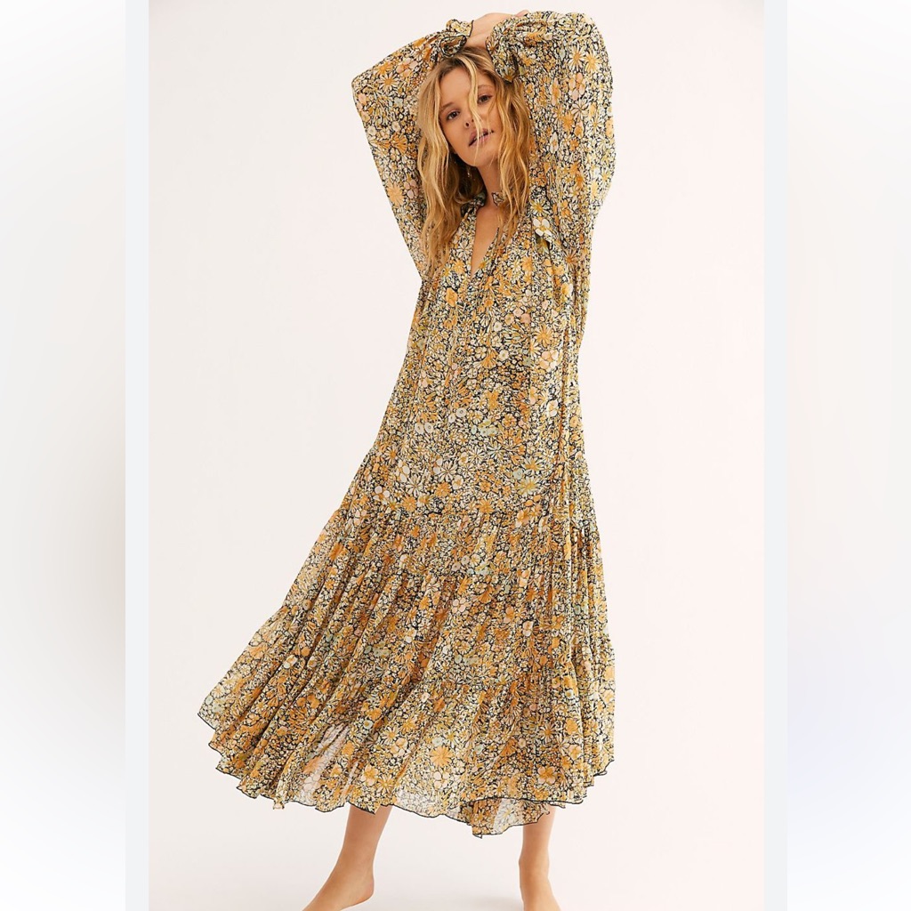 Free People Yellow Floral Long Sleeve Maxi Dress
